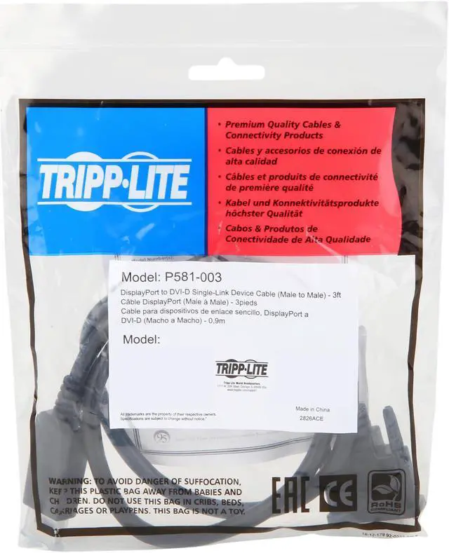 Alt view image 3 of 3 - Tripp Lite DisplayPort to DVI-D Adapter Cable DP w/ Latches M/M 1080p 3ft (P581-003)