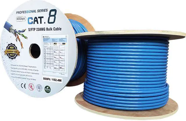 Main image of Nippon Labs Cat8 Ethernet Cable Bulk Wire 500 feet - Blue, 2GHz, 40G, 23AWG, S/FTP - Shielded Latest 40Gbps 2000Mhz SFTP, PVC, Solid Conductor Patch Cord, 60CAT8-500-23BL