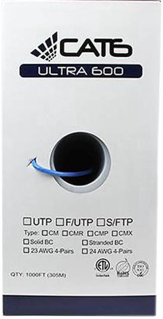 Alt view image 3 of 4 - Nippon Labs CAT6 UTP Bulk Ethernet Cable, Solid Copper 23 AWG, CM Rated, 600MHz, 1000' Pull Box (ETL) - Black 1000ft.Lan Cable