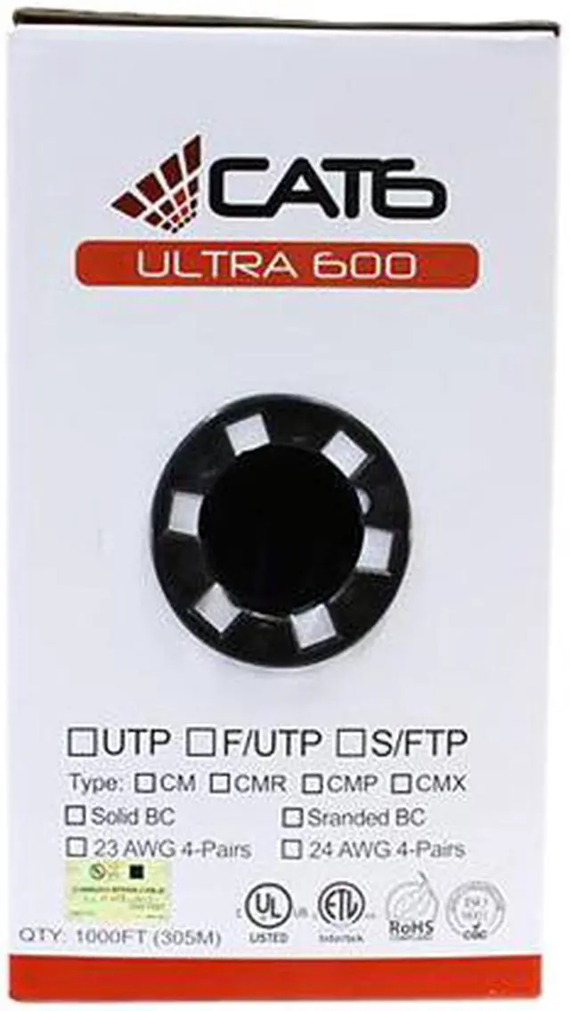 Alt view image 3 of 4 - Nippon Labs CAT6 Bulk Riser Ethernet Cable, CMR UL Listed Solid Copper UTP, 600MHz, 23 AWG 1000' Pull Box - Black 1000FT Lan Cable