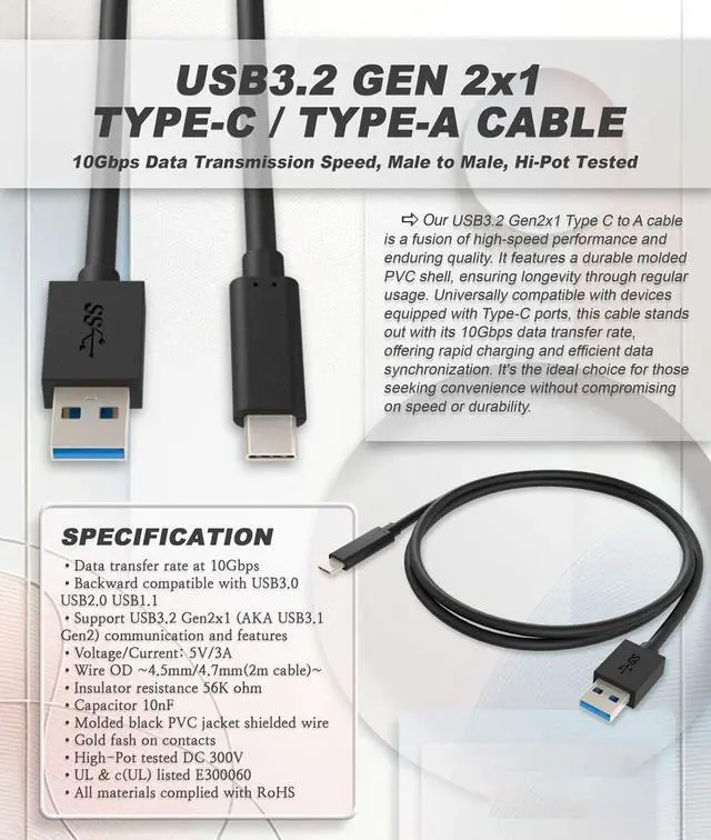 Alt view image 3 of 4 - Nippon Labs 6.6ft. USB Type C 3.2 Gen 2 Male to Type A Male Cable,10G, 3A, BLACK USB Type-C to A Cable