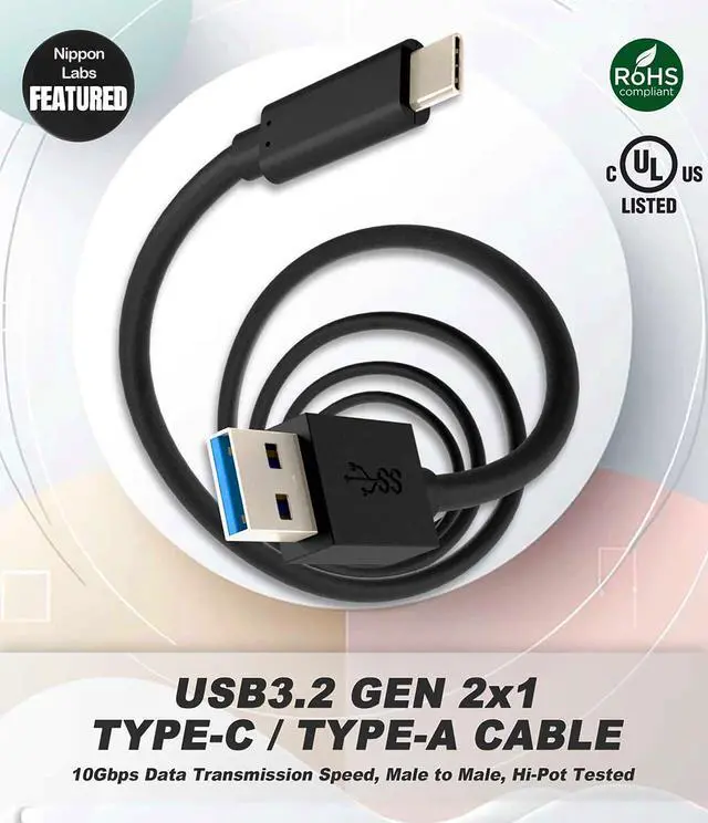 Alt view image 4 of 4 - Nippon Labs 6.6ft. USB Type C 3.2 Gen 2 Male to Type A Male Cable,10G, 3A, BLACK USB Type-C to A Cable