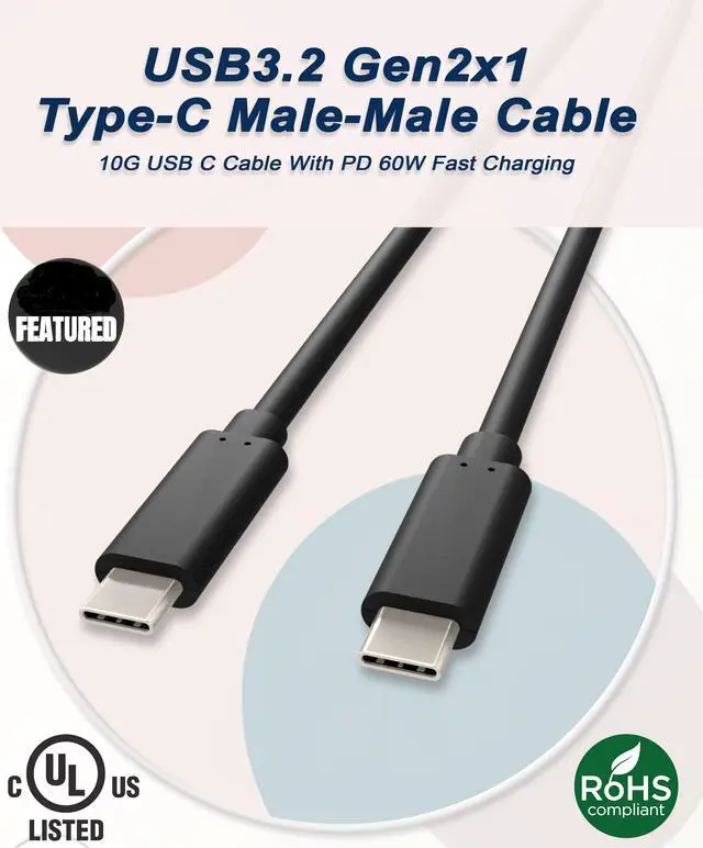 Alt view image 2 of 3 - Nippon Labs 6 Inch USB 3.2 Gen 2x1 10G Type-C Male to Male Cable With USB PD Fast Charging, 10G, 20V, 3A, 60W, BLACK Type C cable