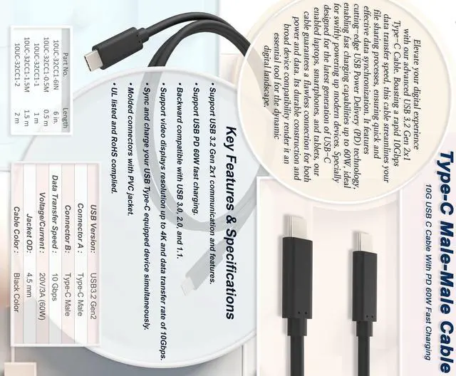 Alt view image 3 of 3 - Nippon Labs 6 Inch USB 3.2 Gen 2x1 10G Type-C Male to Male Cable With USB PD Fast Charging, 10G, 20V, 3A, 60W, BLACK Type C cable