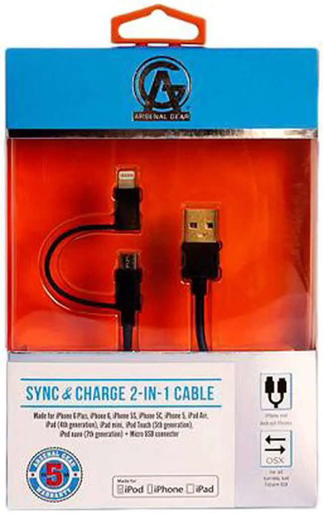 Alt view image 2 of 3 - Arsenal Gaming agc48m Black Apple certified Lightning cable and Micro USB Hybrid cable