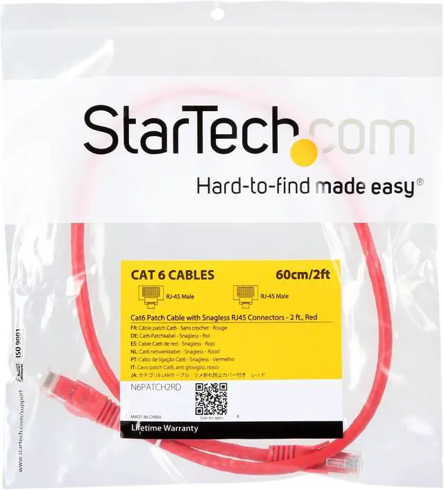 Alt view image 3 of 3 - StarTech N6PATCH2RD StarTech.com Cat6 Patch Cable - 2 ft - Red Ethernet Cable - Snagless RJ45 Cable - Ethernet Cord - Cat 6 Cable - 2ft