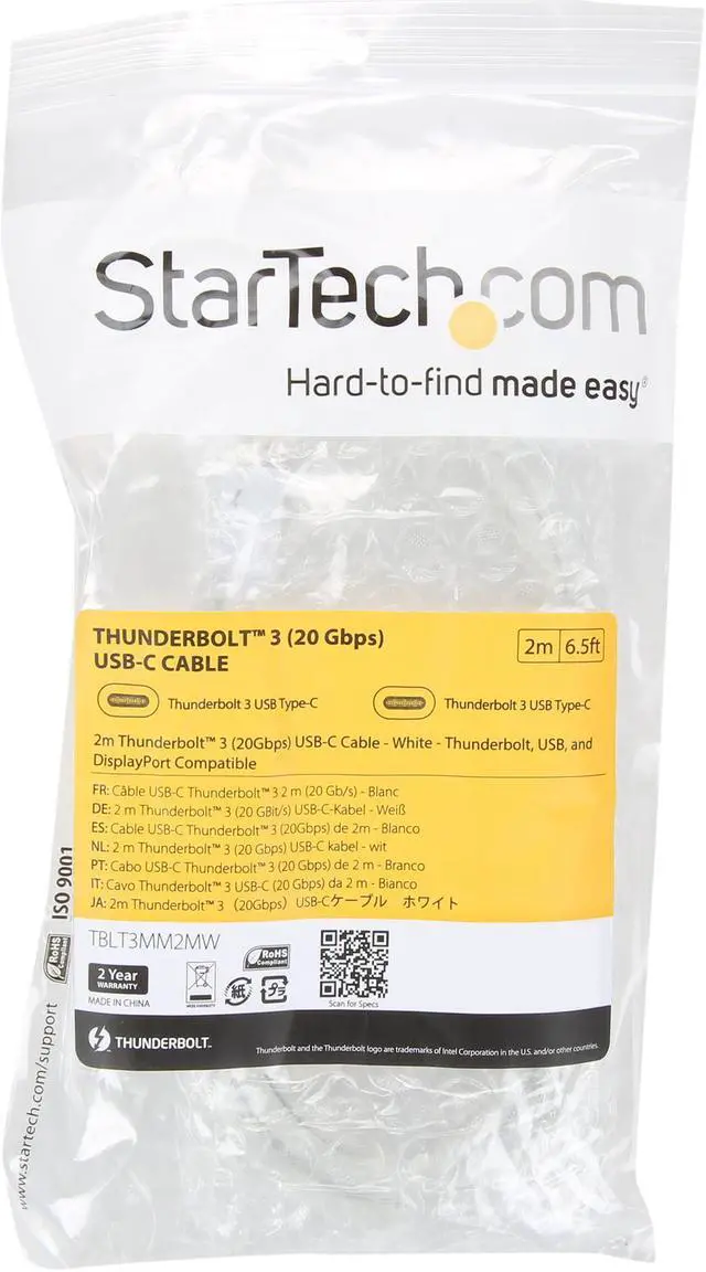 Alt view image 3 of 3 - StarTech.com TBLT3MM2MW Thunderbolt 3 Cable - 6 ft / 2m - White - 4K 60Hz - USB C Charger - USB C to USB C Cable - USB-C Charge Cable
