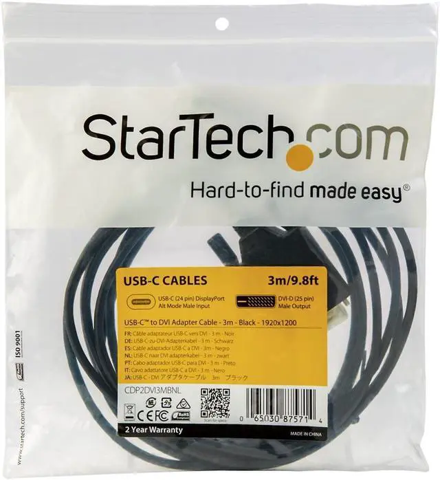 Alt view image 4 of 4 - StarTech CDP2DVI3MBNL USB-C to DVI Cable - 3m / 10 ft - Black - 1920 x 1200 - DVI Monitor Cable - Computer Monitor Cable - USB C to DVI cable