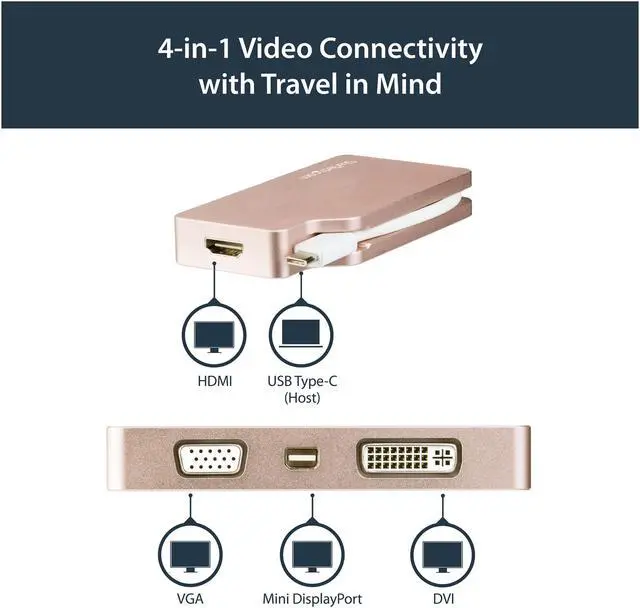 Alt view image 5 of 5 - StarTech.com CDPVDHDMDPRG USB-C Multiport Video Adapter - Aluminum - USB Type C to VGA / 4K HDMI/Mini DisplayPort/DVI - USB C Adapter - Rose Gold