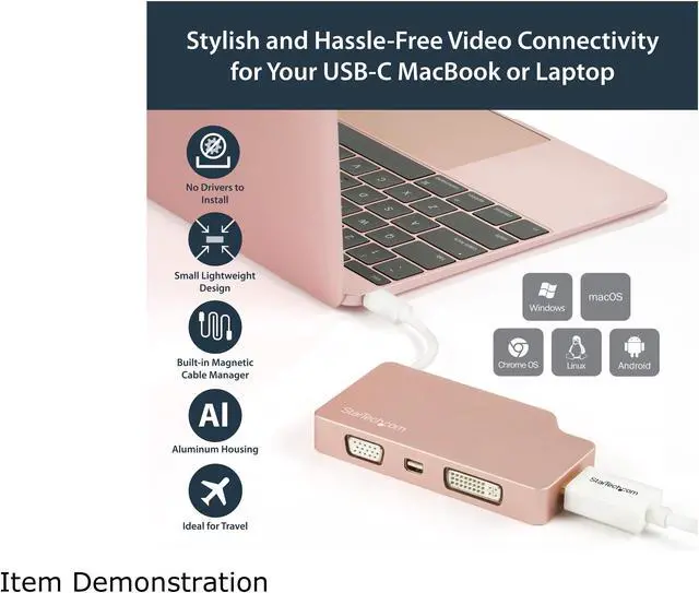 Alt view image 4 of 5 - StarTech.com CDPVDHDMDPRG USB-C Multiport Video Adapter - Aluminum - USB Type C to VGA / 4K HDMI/Mini DisplayPort/DVI - USB C Adapter - Rose Gold