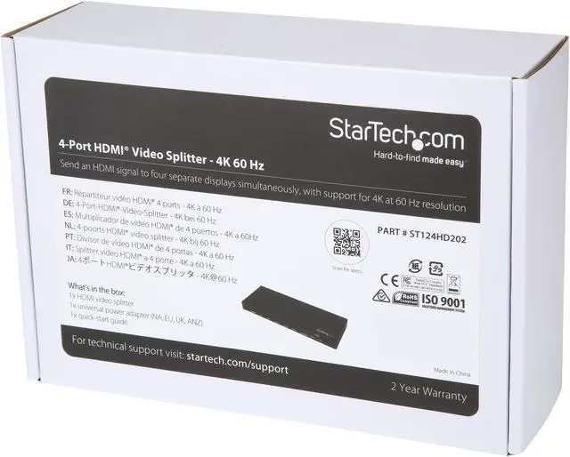 Alt view image 5 of 5 - StarTech.com ST124HD202 HDMI Splitter - 4-Port - 4K 60Hz - HDMI Splitter 1 In 4 Out - 4 Way HDMI Splitter - HDMI Port Splitter