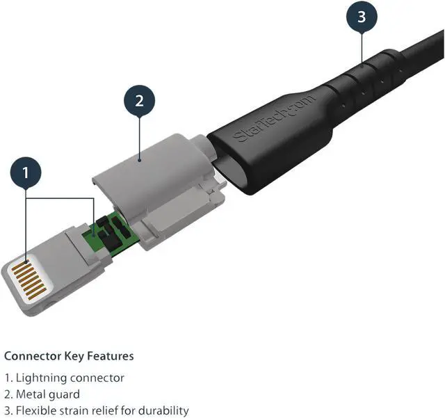 Alt view image 3 of 5 - StarTech.com 1m USB A to Lightning Cable - Durable Black USB Type A to Lightning Connector Charge and Sync Charger Cord - Rugged w/Aramid Fiber - Apple MFI Certified - iPad Air iPhone 11 (RUSBLTMM1MB)