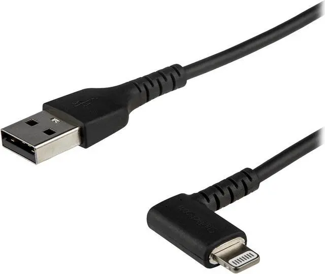 Main image of StarTech.com RUSBLTMM1MBR 1m / 3.3ft Angled Lightning to USB Cable - Heavy Duty MFI Certified Lightning Cable - Black - USB to Lightning (RUSBLTMM1MBR)