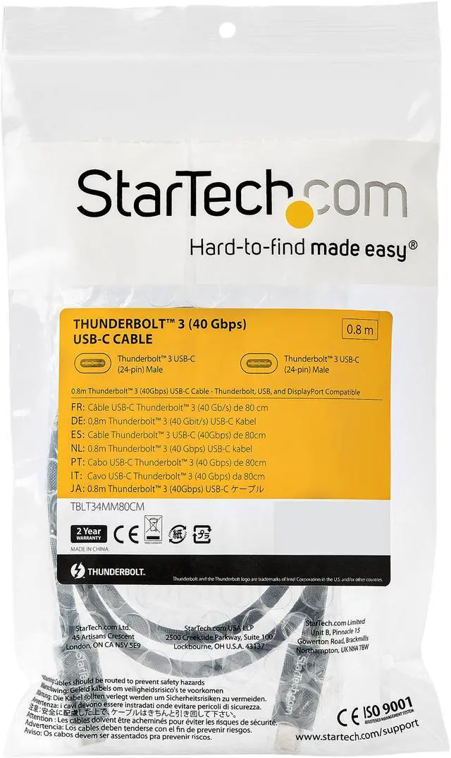 Alt view image 4 of 4 - StarTech.com TBLT34MM80CM 0.8m/2.7ft Thunderbolt 3 to Thunderbolt 3 Cable - 40Gbps - Certified TB3 - USB C Compatible - Active - 100W PD (TBLT34MM80CM)