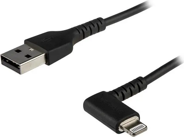 Main image of StarTech.com RUSBLTMM2MBR 2m / 6.6ft Angled Lightning to USB Cable - Heavy Duty MFI Certified Lightning Cable - Black - USB to Lightning (RUSBLTMM2MBR)