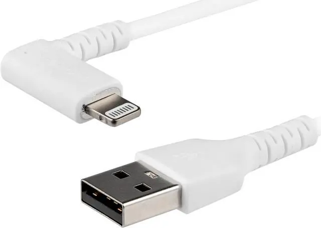 Main image of StarTech.com RUSBLTMM2MWR 2m / 6.6ft Angled Lightning to USB Cable - Heavy Duty MFI Certified Lightning Cable - White - USB to Lightning (RUSBLTMM2MWR)