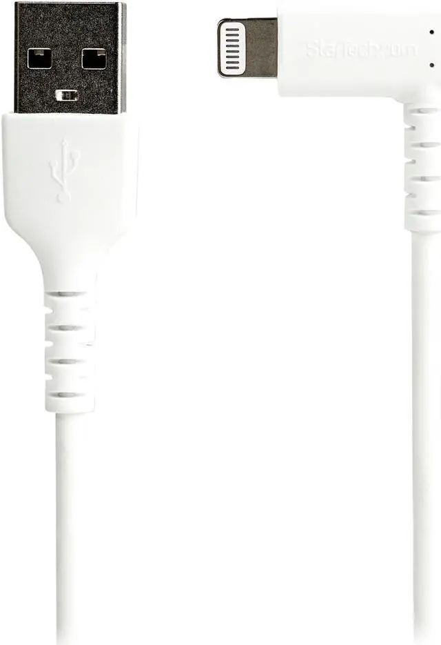 Alt view image 2 of 2 - StarTech.com RUSBLTMM1MWR 1m / 3.3ft Angled Lightning to USB Cable - Heavy Duty MFI Certified Lightning Cable - White - USB to Lightning (RUSBLTMM1MWR)