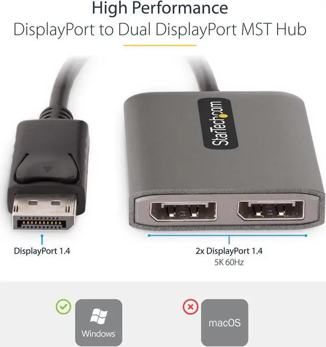 Alt view image 2 of 11 - StarTech.com 2-Port DisplayPort MST Hub - Dual 4K 60Hz - DP to 2x DisplayPort Monitor Adapter MST14DP122DP