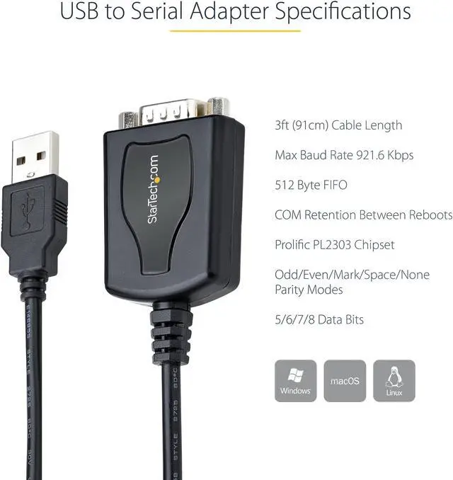 Alt view image 4 of 6 - StarTech.com 3ft (1m) USB to Serial Cable with COM Port Retention - DB9 Male RS232 to USB Converter  1P3FPC-USB-SERIAL