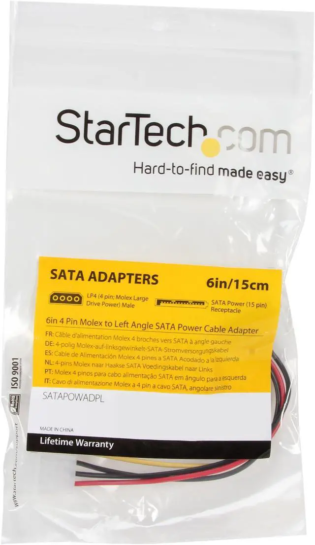 Alt view image 3 of 3 - StarTech.com SATAPOWADPL 6 in. 4 Pin Molex to Left Angle SATA Power Cable Adapter