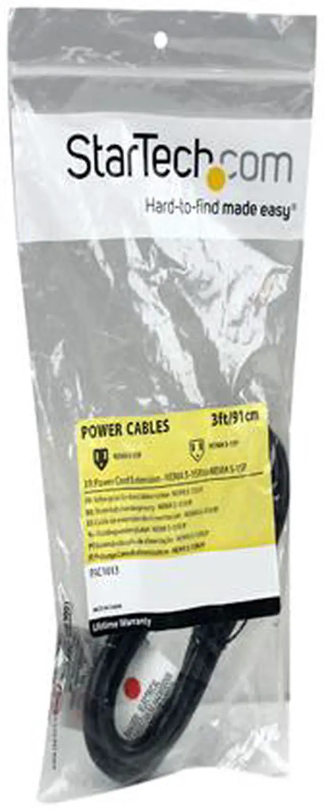 Alt view image 4 of 4 - StarTech.com PAC1013 3 ft Power Extension Cord - NEMA 5-15R to NEMA 5-15P - 16 AWG Power Extension Cable Cord - 125 Volts at 13 Amps - SJT - 3ft