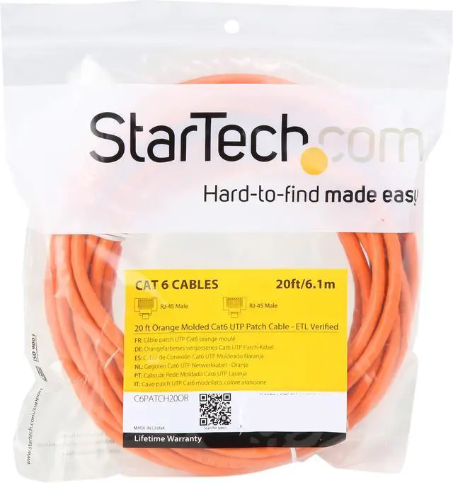 Alt view image 3 of 3 - StarTech.com C6PATCH20OR 20 ft. Cat 6 Orange Molded UTP Gigabit Patch Cable