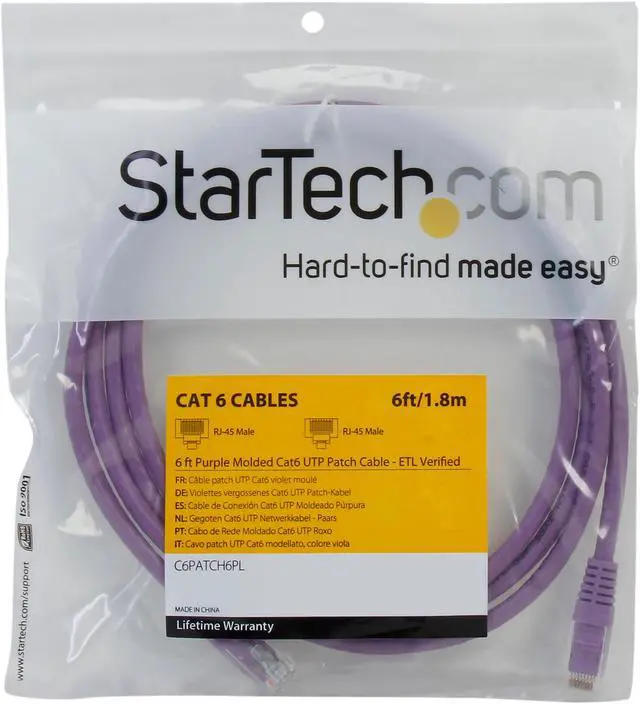 Alt view image 3 of 3 - StarTech.com C6PATCH6PL 6 ft. Cat 6 Purple Molded RJ45 UTP Gigabit Cat6 Patch Cable