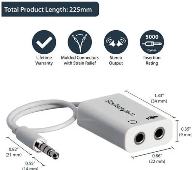 Alt view image 2 of 6 - StarTech MUYHSMFFADW 3.5mm 4 Position to 2 x 3 Position 3.5mm Headset Splitter Adapter M/F - White Headphone Microphone Splitter - 4 pin / 4 pole