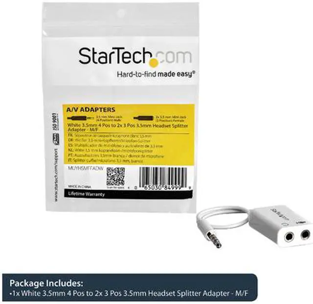 Alt view image 6 of 6 - StarTech MUYHSMFFADW 3.5mm 4 Position to 2 x 3 Position 3.5mm Headset Splitter Adapter M/F - White Headphone Microphone Splitter - 4 pin / 4 pole