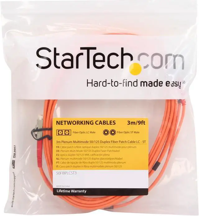 Alt view image 3 of 3 - StarTech.com 50FIBPLCST3 9.8 ft [3 m] OFNP Plenum Multimode 50/125 Duplex Fiber Patch Cable LC - ST Male to Male
