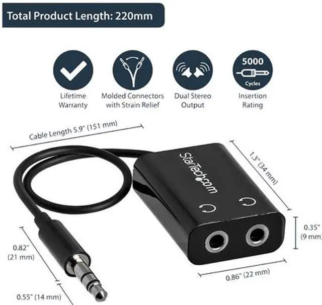 Alt view image 2 of 5 - StarTech.com MUY1MFFADP Slim Mini Jack Headphone Splitter Cable Adapter