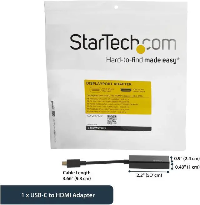 Alt view image 2 of 5 - StarTech.com CDP2HD4K60 USB C to HDMI Adapter - 4K 60Hz - Thunderbolt 3 Compatible - USB-C Adapter - USB Type C to HDMI Dongle Converter