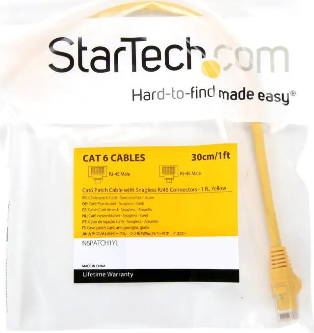 Alt view image 3 of 3 - StarTech N6PATCH1YL StarTech.com Cat6 Patch Cable - 1 ft. - Yellow Ethernet Cable - Snagless RJ45 Cable - Ethernet Cord - Cat 6 Cable - 1 ft.
