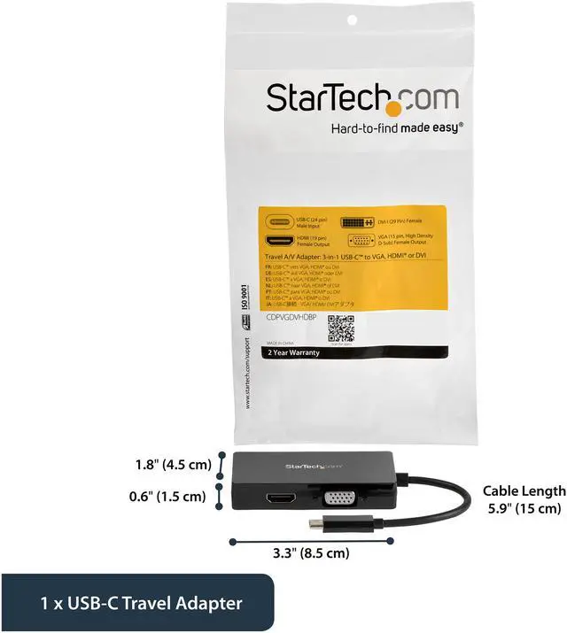 Alt view image 2 of 4 - StarTech.com CDPVGDVHDBP USB-C Multiport Video Adapter - 4K 30 Hz - USB C to HDMI/DVI / HDMI - USB C Adapter - USB C Dongle - USB C Hub