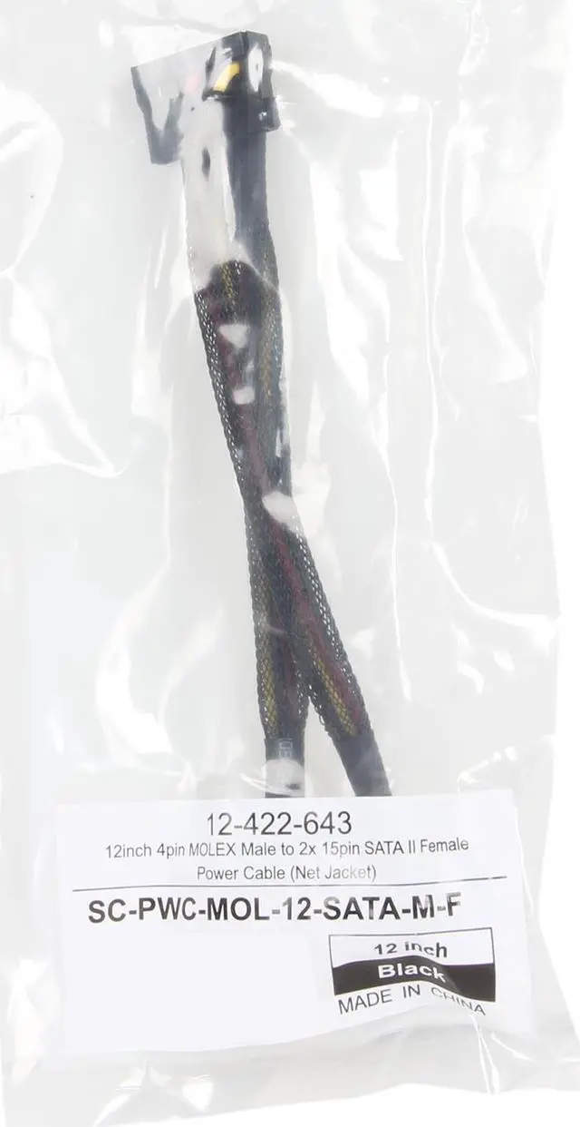 Alt view image 3 of 3 - Coboc Model SC-PWC-MOL-12-SATA-M-F 12" Molex 4-pin LP4 Male to 2 x SATA Power 15-pin 90-Degree Splitter Cable w/Black Sleeved