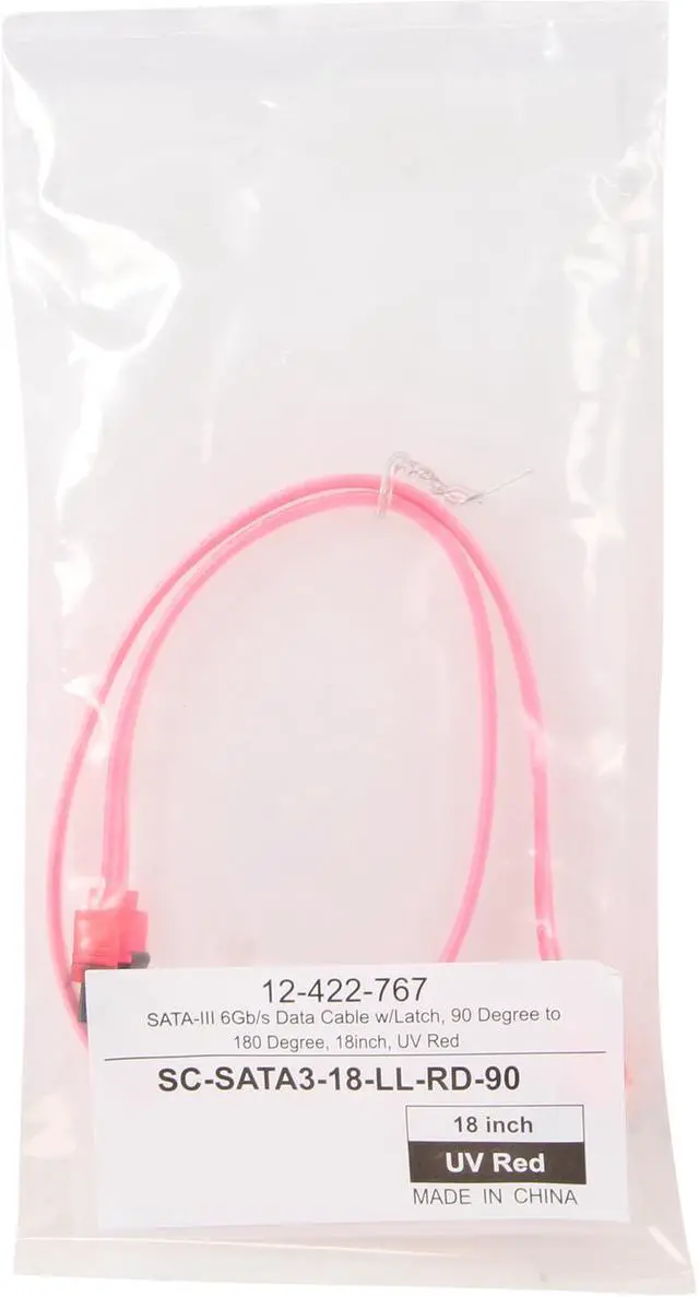 Alt view image 3 of 3 - Coboc Model SC-SATA3-18-LL-RD-90 18" 90 Degree to 180 Degree SATA III 6Gb/s Data Cable w/ Latch, UV Red