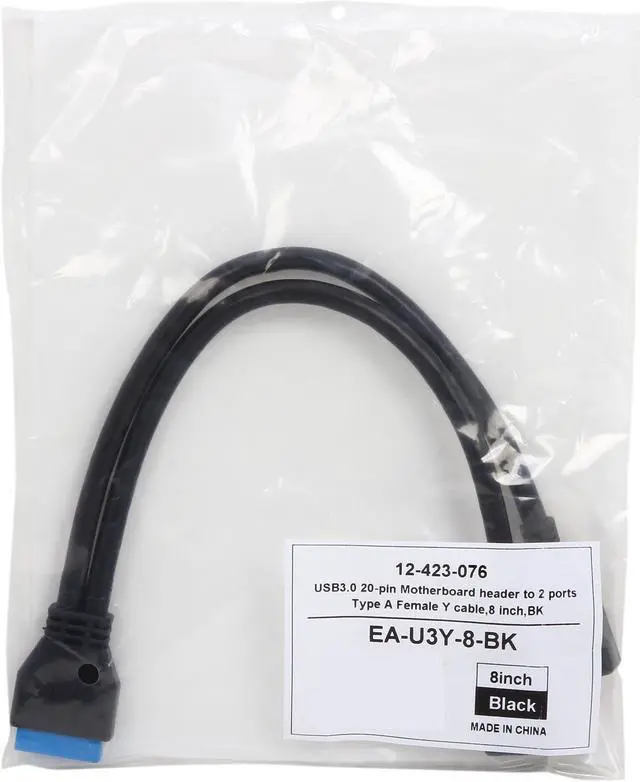 Alt view image 3 of 3 - Coboc EA-U3Y-8-BK USB3.0 20-pin Motherboard header to 2 ports Type A Female Adapter Converter Y cable