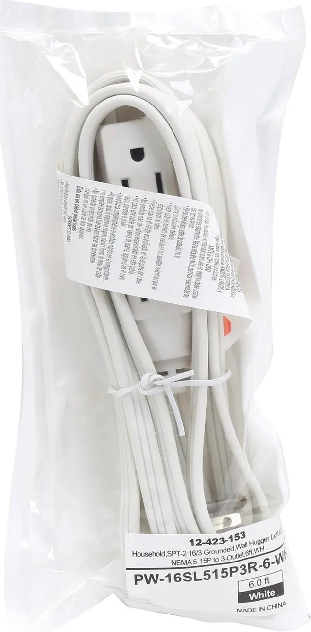 Alt view image 3 of 3 - Coboc Model PW-16SL515P3R-6-WH 6ft. 16AWG Slender Flat Plug Grounded 3-prong  to 3-Outlet Wall Hugger Household Extension Cord (NEMA 5-15P /3 x 5-15R), White