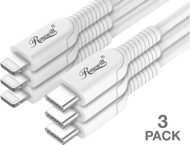 Main image of Rosewill iPhone Fast Charger Cable, USB-C to Lightning Cable, MFi Certified, for Apple iPhone, iPad Pro, AirPods, Supports Power Delivery, White, 6 Feet, 3-Pack - RCCC-21006