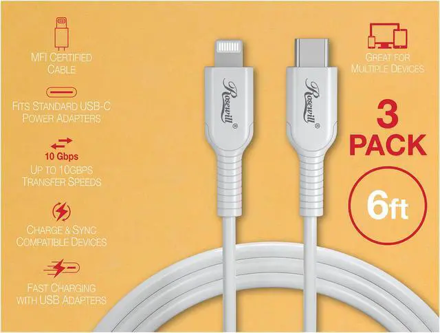 Alt view image 2 of 5 - Rosewill iPhone Fast Charger Cable, USB-C to Lightning Cable, MFi Certified, for Apple iPhone, iPad Pro, AirPods, Supports Power Delivery, White, 6 Feet, 3-Pack - RCCC-21006
