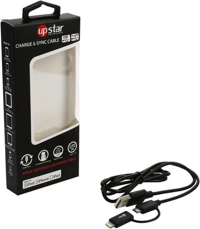 Alt view image 3 of 3 - UpStar Apple Certified 2-In-1 Lightning & MicroUSB cable-2-USB 3.28' BLK