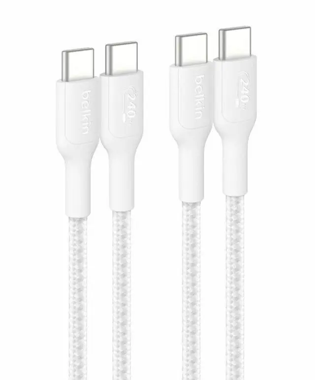 Main image of Belkin BoostCharge Pro USB-C to USB-C Braided Cable 240W - 6.6ft/2m - White - 2-pack - CAB025FQ2MWH2PK