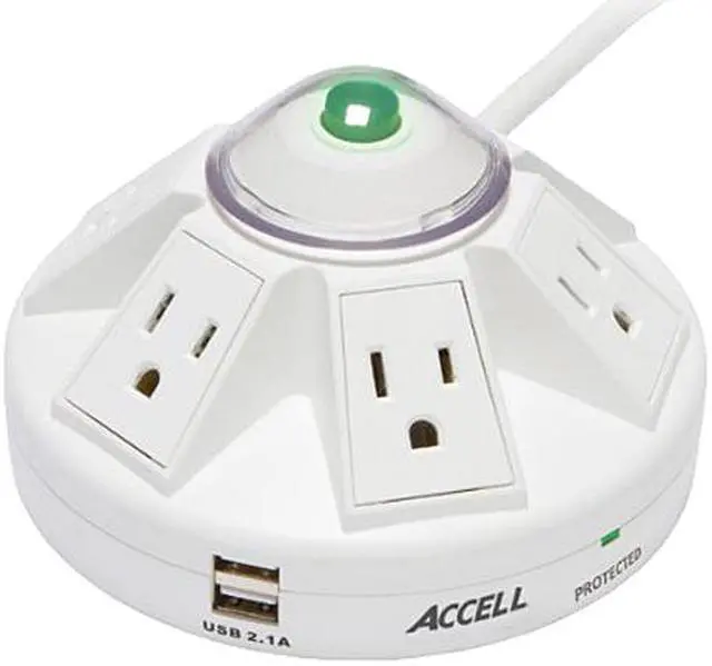 Main image of Accell D080B-014K Powramid Power Center - Surge Protector and USB Charging Station, 6 ft (1.8 m), Retail Box, White