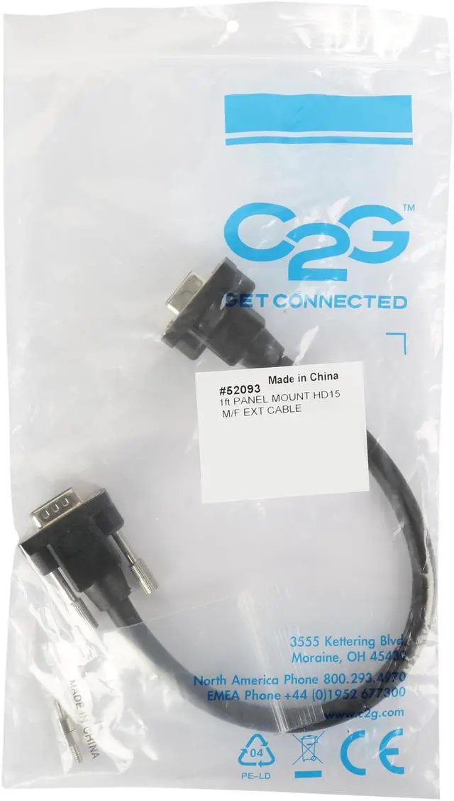 Alt view image 3 of 3 - C2G 52093 Panel-Mount HD15 SXGA Male to SXGA Female Monitor Extension Cable, Black (1 Foot, 0.30 Meters)