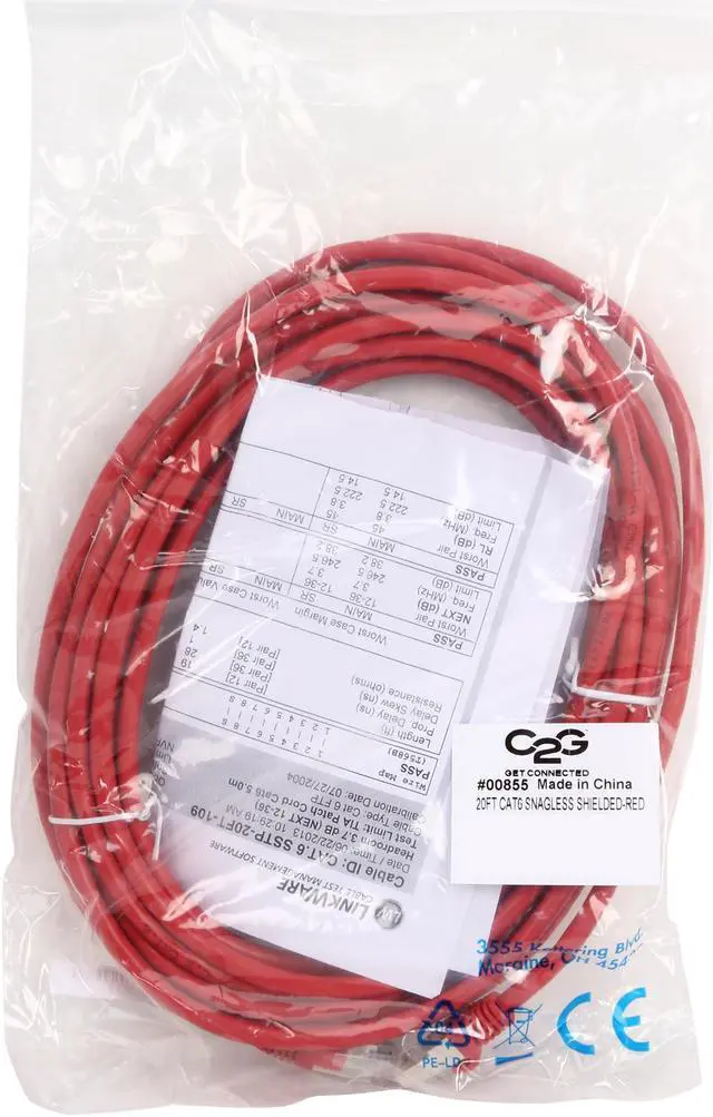 Alt view image 3 of 3 - C2G 00855 20 ft. Cat 6 Red Cat6 Snagless Shielded (STP) Network Patch Cable - Red