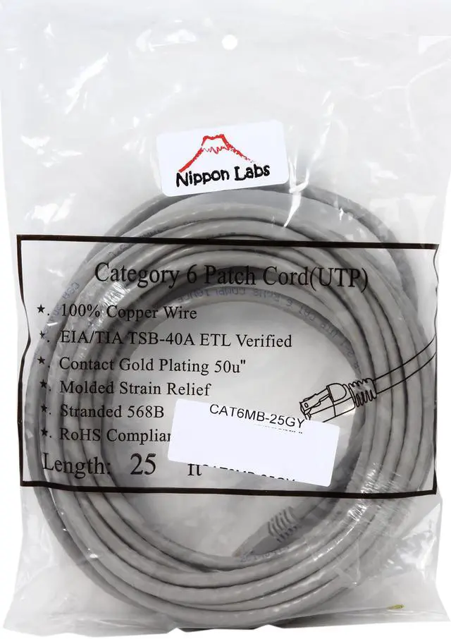 Alt view image 3 of 3 - Nippon Labs CAT6MB-25GY 25 ft. CAT 6 UTP Injection Molded Boot Patch Ethernet Cable, Gray - OEM