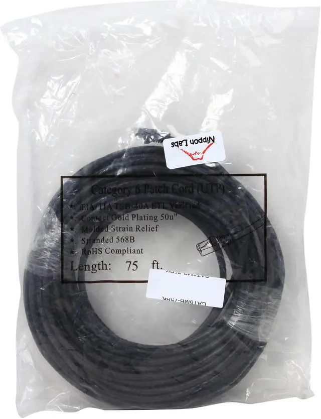 Alt view image 3 of 3 - Nippon Labs CAT6MB-75BK 75 ft. CAT 6 UTP Injection Molded Boot Patch Ethernet Cable, Black - OEM
