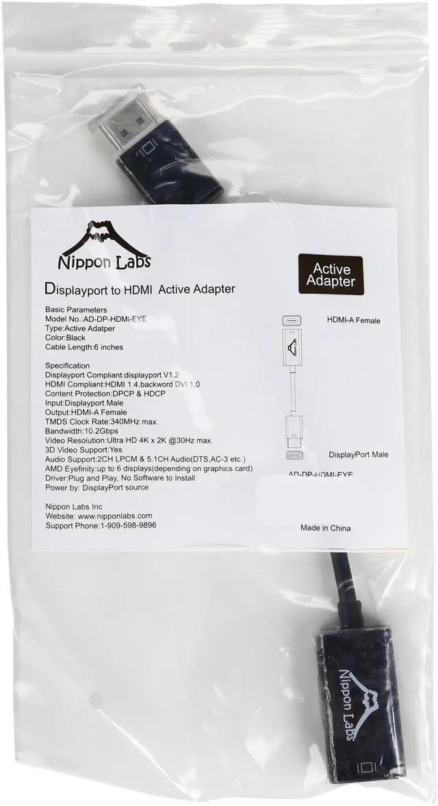 Alt view image 3 of 3 - Nippon Labs AD-DP-HDMI-EYE 6" DP1.2 to HDMI Active Adapter, 4K, Eyefinity Supports - OEM