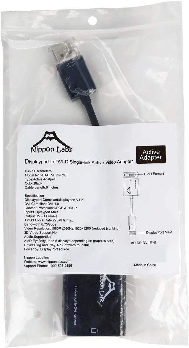 Alt view image 3 of 3 - Nippon Labs AD-DP-DVI-EYE 6" DP1.2 to DVI Active Adapter, Eyefinity Supprts