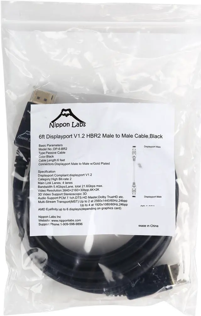 Alt view image 3 of 3 - Nippon Labs DP-6-BR2 6 ft. DP DisplayPort 1.2 HBR2 Male to Male 28AWG Cable with Gold Plated Connectors, Black